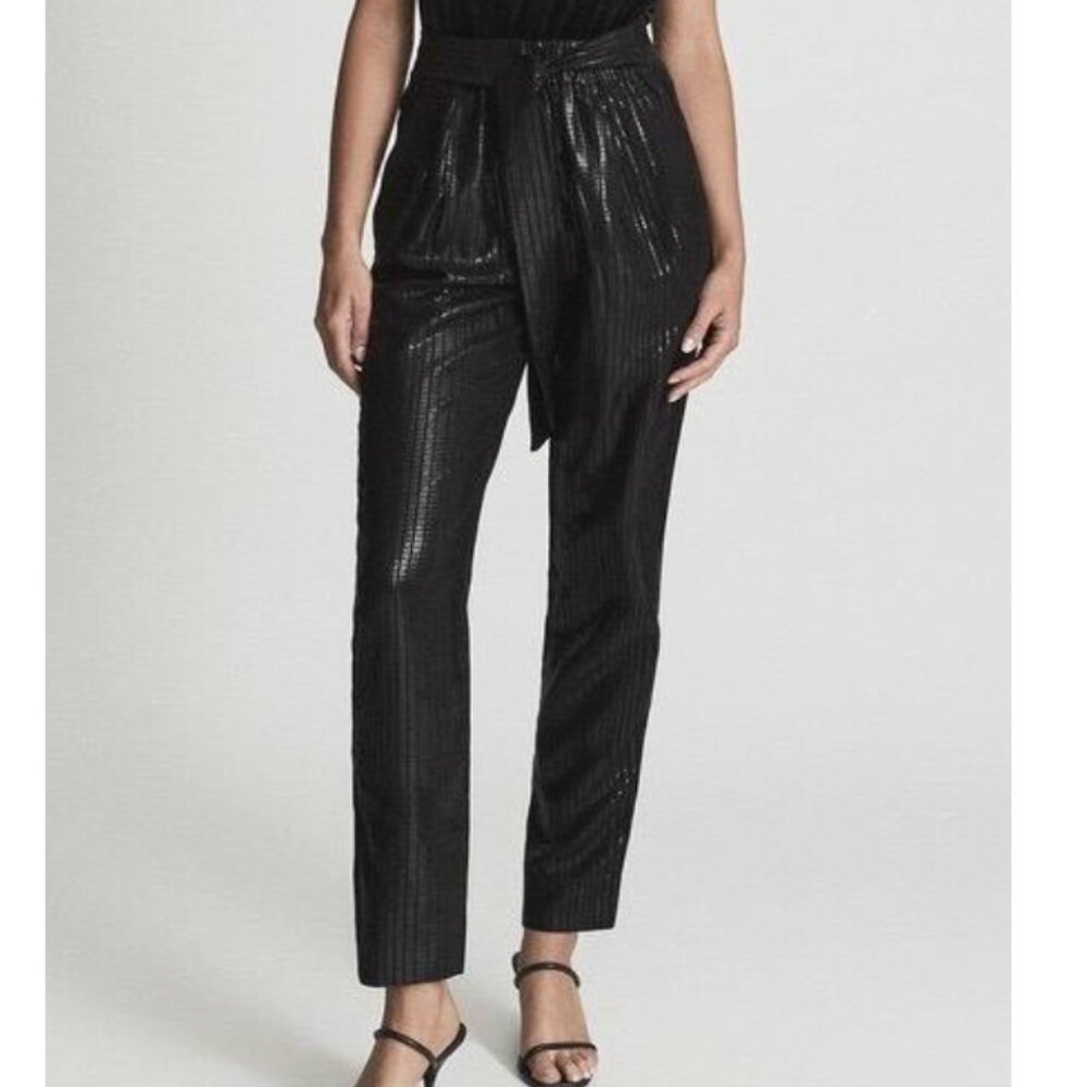 REISS Pennie Tapered Shimmer Trousers Black Size XS